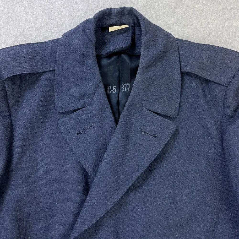 Vintage USAF Military Chester Trench Coat Sz 37R Blue Double Breasted Long Wool